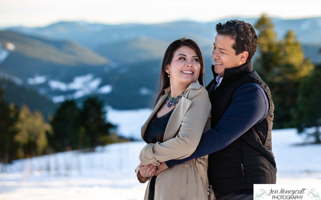 Piter and Ariana’s snowy engagement session at Mt. Falcon by Littleton photographer