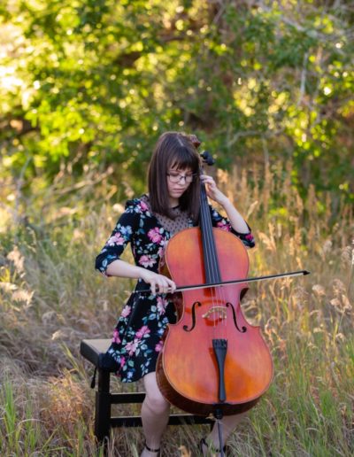 Littleton high school senior photographer Colorado Hildebrand Ranch valley girl cello player Standley Lake portrait session music instrument smart bright natural light class of 2021