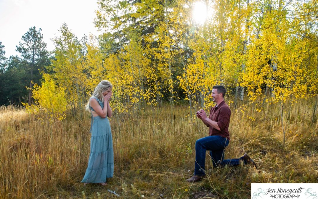 Patrick & Rachel’s proposal and engagement session by Littleton photographer at Meyer Ranch park in the aspen trees