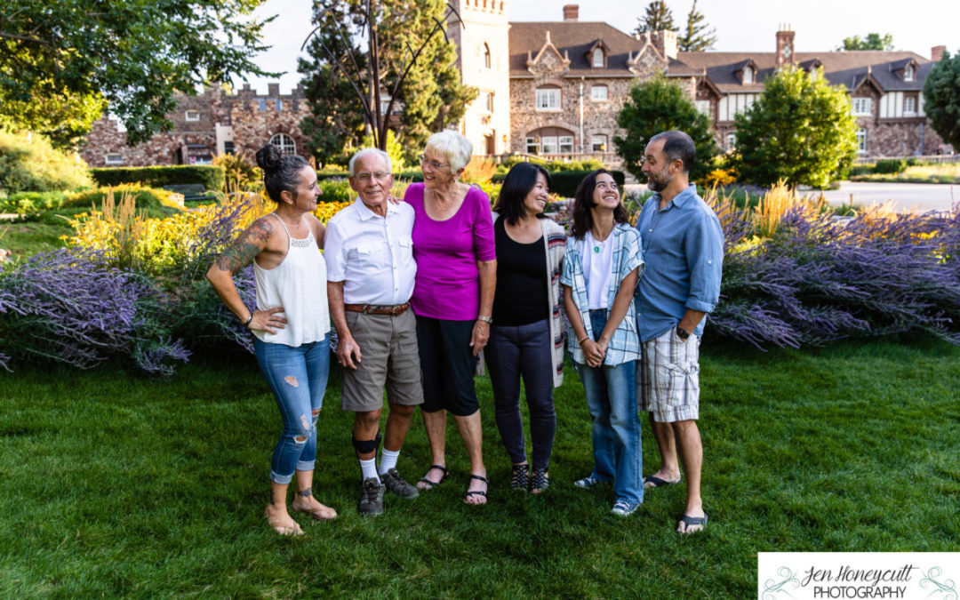 The {B} family at the Highlands Ranch Mansion for an extended family photo session by Littleton photographer