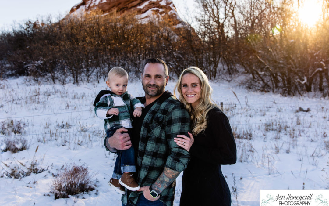 The {C} family of 3 at South Valley Open Space park by Littleton photographer