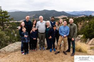 Littleton family photographer extended grandparents kids cousins cold snow Mt. Falcon sunset photography Colorado mountain views fall baby boys girls siblings