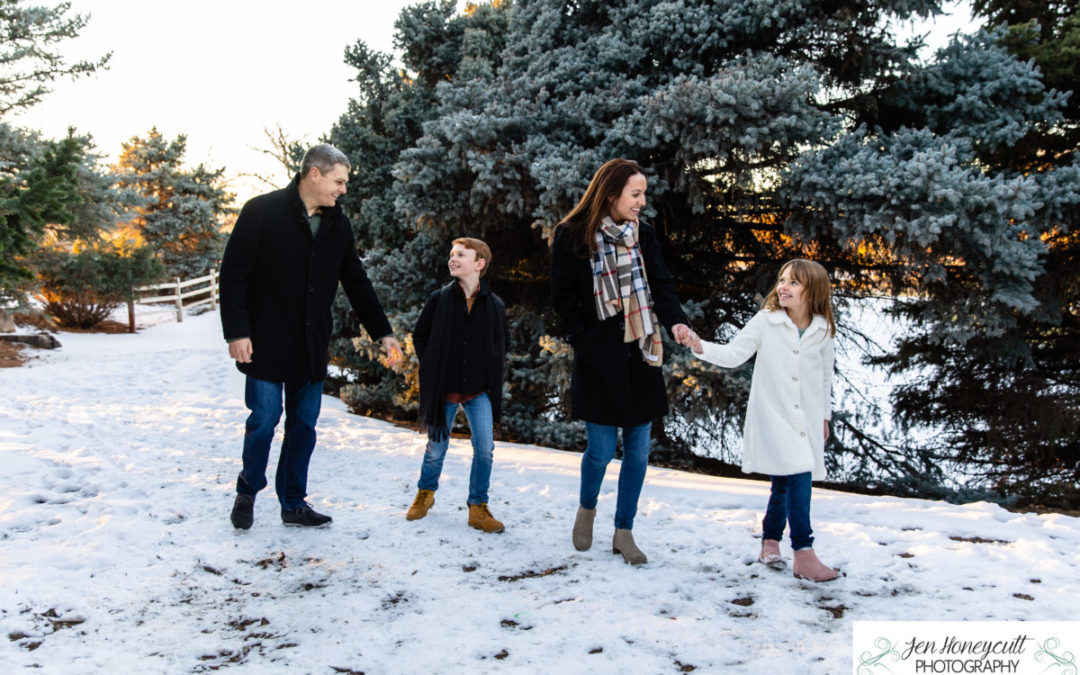 The {B} family photo session in Historic Downtown Littleton and at a snowy pine forest area by local Littleton photographer